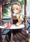  1girl :o ascot bangs black_dress blush bow braid cream_puff cup dappled_sunlight day dress food glasses hair_bow highres holding holding_cup kinakomochi_(egoist) light_brown_hair looking_at_viewer ocean original outdoors pink_bow puffy_short_sleeves puffy_sleeves purple-framed_eyewear semi-rimless_glasses short_hair short_sleeves sitting solo sunlight table tea_set under-rim_glasses violet_eyes 