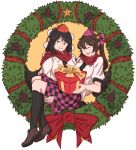  2girls ;d bangs bell black_hair black_legwear black_wings breasts brown_eyes brown_hair brown_shoes carrying checkered christmas_wreath collared_shirt gift green grin hair_bell hair_ornament hat highres himekaidou_hatate jingle_bell kneehighs looking_at_viewer mefomefo multiple_girls one_eye_closed open_mouth outline pointy_ears princess_carry red_eyes red_scarf scarf shameimaru_aya shirt shoes short_hair short_sleeves smile teeth tokin_hat tongue touhou twintails white_background white_shirt wings yellow_background 