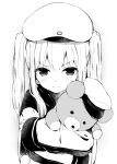  &gt;:( 1girl bangs beret blush frown fueru_nattou graf_zeppelin_(kantai_collection) greyscale hat highres kantai_collection long_hair looking_at_viewer military military_hat military_uniform monochrome object_hug sleeves_past_wrists solo stuffed_animal stuffed_toy teddy_bear twintails uniform upper_body younger 