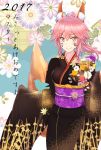  1girl 2017 animal_ears bad_id bad_pixiv_id fate/extra fate_(series) floral_background floral_print fox_ears fox_tail high_ponytail highres japanese_clothes kimono long_sleeves oinari_(koheihei1109) pink_eyes pink_hair smile solo tail tamamo_(fate)_(all) tamamo_no_mae_(fate) translation_request whisker_markings wide_sleeves 