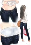  1girl 2016 alternate_costume ama_mitsuki artist_name ass bag black_hair casual commentary dated denim haruna_(kantai_collection) headgear high_heels jeans kantai_collection long_hair navel panties pants pants_pull shopping_bag simple_background solo spring_onion underwear undressing white_background white_panties 