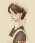  1girl brown_eyes brown_hair emma emma_(victorian_romance_emma) glasses hair_bun light_smile looking_at_viewer maid maid_headdress simple_background solo upper_body victorian victorian_romance_emma yuuryuu_nagare 