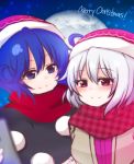  2girls black_dress blue_eyes blue_hair blurry blush breasts brown_jacket cellphone depth_of_field doremy_sweet dress english full_moon hat kishin_sagume looking_at_another merry_christmas moon multiple_girls phone plaid plaid_scarf pom_pom_(clothes) purple_dress red_scarf santa_hat scarf shiohachi short_hair silver_hair smartphone smile star starry_background taking_picture touhou violet_eyes 