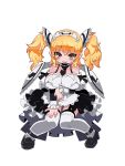  1girl blonde_hair breasts copyright_request detached_sleeves dress full_body garter_straps large_breasts long_hair necktie open_mouth simple_background thigh-highs twintails white_background yellow_eyes zankuro 