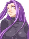  1girl breasts erect_nipples fate/stay_night fate_(series) glasses jpeg_artifacts large_breasts long_hair purple_hair rider shinama simple_background solo turtleneck upper_body white_background 