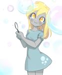  1girl :) blonde_hair bubble_wand bubbles derpy_hooves dress highres my_little_pony:_friendship_is_magic shoulder-length_hair simple_background smile solo solo_focus tagme yellow_eyes 