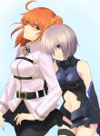  2girls ahoge bare_shoulders blue_background bodysuit breasts elbow_gloves fate/grand_order fate_(series) fujimaru_ritsuka_(female) gloves head_on_another&#039;s_shoulder highres looking_at_viewer multiple_girls navel navel_cutout orange_hair pantyhose purple_hair shielder_(fate/grand_order) short_hair single_thighhigh skirt smile thigh-highs thigh_gap usanagi violet_eyes yellow_eyes 
