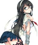  1girl ass black_hair blue_eyes blue_skirt epaulettes eyebrows_visible_through_hair from_side glasses hair_between_eyes hand_on_own_arm headband highres kantai_collection long_hair long_sleeves looking_at_viewer ooyodo_(kantai_collection) pleated_skirt rinarisa school_uniform serafuku simple_background skirt solo thigh-highs torn_clothes white_background 