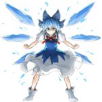  &gt;:) 1girl bloomers blue_bow blue_dress blue_eyes blue_hair bow cirno clenched_hands closed_mouth dress full_body hair_bow ice ice_wings kan_(aaaaari35) looking_at_viewer matching_hair/eyes neck_ribbon puffy_short_sleeves puffy_sleeves red_ribbon ribbon shaded_face shoes short_hair short_sleeves solo standing touhou tsurime underwear white_shoes wing_collar wings 