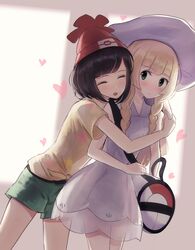  2girls bag bangs beanie black_hair blonde_hair blunt_bangs blush braid closed_eyes collared_dress dress duffel_bag female_protagonist_(pokemon_sm) figurehead_(artist) floral_print green_eyes green_shorts hat heart highres hug hug_from_behind lillie_(pokemon) long_hair multiple_girls poke_ball_theme pokemon pokemon_(game) pokemon_sm red_hat see-through shirt short_hair short_shorts short_sleeves shorts sleeveless sleeveless_dress sun_hat sundress swept_bangs t-shirt tied_shirt twin_braids white_dress white_hat yuri 