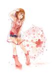  1girl ;d blue_eyes blue_shorts blush boots bow brown_hair collarbone eyebrows_visible_through_hair floral_print full_body highres holding holding_umbrella long_hair long_sleeves marmoset0 one_eye_closed open_mouth original pink_boots pink_bow pink_shirt raincoat rubber_boots see-through shirt short_shorts shorts simple_background sleeveless sleeveless_shirt smile solo sparkle standing umbrella water_drop white_background 