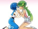  2girls absurdres apron baggy_pants bangs bare_arms bare_legs blue_eyes blush dark_skin eye_contact eyebrows_visible_through_hair face-to-face flower folded_leg from_side full_body green_eyes green_hair hair_flower hair_ornament hand_holding hand_on_another&#039;s_chest hand_on_another&#039;s_face highres kneeling looking_at_another mallow_(pokemon) multiple_girls pale_skin pants pokemon pokemon_(game) pokemon_sm shirt shoes short_hair simple_background sleeveless sleeveless_shirt slippers smile suiren_(pokemon) swept_bangs swimsuit swimsuit_under_clothes trial_captain twintails white_background yuri 