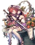 1girl bangs blue_eyes branch breasts brown_hair commentary_request dutch_angle fantasy feathers flower gloves hat holding holding_sword holding_weapon lace lace-trimmed_skirt looking_at_viewer medium_breasts orange_flower original overgrown plant purple_flower purple_skirt red_flower sheath sheathed shingeki_no_bahamut shoes sideboob simple_background single_gauntlet sitting skirt solo supertie sword thigh-highs thighs weapon white_background white_flower white_legwear
