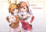  2girls alternate_costume animal_costume antlers belt black_gloves breasts bridal_gauntlets brown_eyes brown_hair brown_legwear christmas from_above gloves kinuhata_saiai looking_at_viewer misaka_mikoto multiple_girls open_mouth raika9 reindeer_antlers reindeer_costume reindeer_ears short_hair small_breasts standing thigh-highs to_aru_kagaku_no_railgun to_aru_majutsu_no_index violet_eyes 