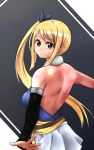  1girl backless blonde_hair bow brown_eyes detached_sleeves e fairy_tail from_behind hair_ornament looking_back lucy_heartfilia ponytail side_ponytail skirt 