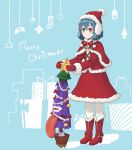  1girl bell blue_background blue_eyes blue_hair boots bow capelet christmas christmas_lights christmas_ornaments earmuffs fur_trim gift hat heterochromia jacket jingle_bell karakasa_obake kitano_(kitanosnowwhite) knee_boots matching_hair/eyes merry_christmas mittens red_boots red_eyes red_jacket red_skirt santa_costume santa_hat shiny shiny_hair short_hair skirt smile solo star tatara_kogasa touhou umbrella 