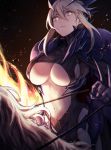 1girl armor artoria_pendragon_alter_(fate/grand_order) bangs blonde_hair breasts center_opening cleavage closed_mouth commentary crotch_seam fate/grand_order fate_(series) gauntlets hair_between_eyes headpiece highres horseback_riding large_breasts leotard looking_at_viewer mephist-pheles navel reins ribbed_leotard riding saber saber_alter short_hair_with_long_locks shoulder_armor solo sparks under_boob upper_body yellow_eyes 