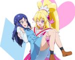  2girls :0 ;d acchi_(koiyimknp) ass blonde_hair blue_eyes blue_hair blush carrying couple cure_heart diamond dokidoki!_precure dress earrings eye_contact female french_braid hair_ornament heart heart_earrings heart_hair_ornament highres hishikawa_rikka jewelry long_hair looking_at_another magical_girl multiple_girls no_panties one_eye_closed pink_eyes ponytail precure princess_carry school_uniform smile wink yuri 