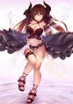  1girl alternate_costume armpits arms_behind_back bare_shoulders breasts brown_hair collarbone crop_top doraf elbow_gloves embarrassed forte_(shingeki_no_bahamut) gloves gluteal_fold granblue_fantasy groin hair_between_eyes halterneck highres horns large_breasts lips long_hair looking_at_viewer midriff navel pak_ce panties pointy_ears red_eyes sandals shingeki_no_bahamut skirt skirt_set standing standing_on_one_leg thigh_strap thighs toes underwear wavy_mouth white_panties 