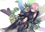  1girl armor armored_boots armored_dress bare_shoulders black_boots black_gloves black_legwear blush boots breasts closed_mouth dutch_angle elbow_gloves fate/grand_order fate_(series) flower food fruit gem glint gloves greaves hair_over_one_eye holding katsudansou large_breasts leaf looking_at_viewer navel navel_cutout one_eye_covered plant purple_hair saint_quartz shielder_(fate/grand_order) shiny shiny_hair short_hair simple_background sitting sleeveless smile solo sparkle stomach thigh-highs thigh_strap twitter_username violet_eyes white_background white_flower 
