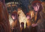  5girls beret black_hair candle christmas christmas_tree city commentary dark dutch_angle hair_ornament hairclip hat holding lights long_hair multiple_girls night original popopo_(popopo5656) robe short_hair signature sky smile snowing 