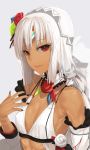  1girl altera_(fate) bare_shoulders black_nails breasts dark_skin fate/grand_order fate_(series) i-pan light_smile lips looking_at_viewer nail_polish red_eyes small_breasts solo white_hair 