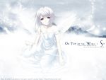  1girl ahoge angel angel_wings artist_request bare_shoulders bent_knees dress feathers looking_at_viewer medium_hair moon open_mouth red_eyes rino_(white_clarity) sitting solo text white_clarity white_dress white_hair white_wings wings 