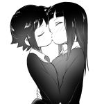  2girls bernard-jou_iwaku. blush closed_eyes collar collared_shirt hug kanbayashi_shiori kiss long_hair long_sleeves machida_sawako monochrome multiple_girls njieith shiny shiny_hair shirt short_hair simple_background sweater white_background yuri 