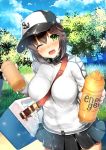  1girl anchor_print bangs baseball_cap black_skirt blue_sky blush body_mahattaya_ginga bottle breasts brown_hair cooler cowboy_shot day energy_drink grass green_eyes hair_between_eyes hat hayasui_(kantai_collection) holding holding_bottle jacket kantai_collection large_breasts looking_at_viewer offering offering_drink one_eye_closed open_mouth outdoors pleated_skirt short_hair skirt sky solo strap_cleavage teeth track_jacket tree white_jacket 