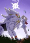  1girl backpack bag blonde_hair closed_eyes from_side grass legendary_pokemon lillie_(pokemon) long_hair pokemon pokemon_(creature) pokemon_(game) pokemon_sm ponytail ryein shirt short_sleeves skirt sky solgaleo white_shirt white_skirt 