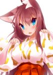  1girl :3 animal_ears blue_eyes blush breasts brown_hair fang imaizumi_kagerou japanese_clothes kimono koha large_breasts looking_at_viewer open_mouth simple_background solo touhou white_background wide_sleeves wolf_ears 