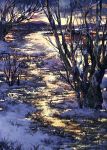  bare_tree evening grass highres mountain no_humans original outdoors pippi_(pixiv_1922055) scenery snow snowing tree water 