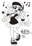  artist_name baseball_cap commentary_request glenna_nalira hairband hat highres microphone miniskirt monochrome open_mouth shirt shoes skirt sneakers solo splatoon t-shirt tentacle_hair usa_(dai9c_carnival) 