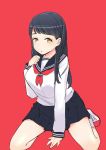  1girl :o arm_support bangs black_hair long_hair looking_at_viewer original pleated_skirt red_background school_uniform seiza serafuku sitting skirt solo susinoyama yellow_eyes 