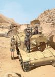  3girls 6+boys anchovy blurry brown_eyes car carpaccio depth_of_field desert drill_hair girls_und_panzer green_hair ground_vehicle hettsuaa highres military military_uniform military_vehicle motor_vehicle multiple_boys multiple_girls pepperoni_(girls_und_panzer) semovente_75/18 tank uniform world_war_ii 