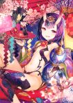  alcohol bangs bare_shoulders bottle breasts butterfly cup fangs fate/grand_order fate_(series) fingerless_gloves fuji_choko gloves holding holding_bottle horns looking_at_viewer medium_breasts navel oni_horns parted_lips purple_hair revealing_clothes sakazuki sake sake_bottle short_hair shuten_douji_(fate/grand_order) teeth thick_eyebrows violet_eyes 
