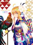  blonde_hair blue_eyes blush fate/stay_night kimono long_hair new_year rooster saber smile 