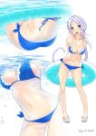  1girl 2016 ama_mitsuki arms_behind_back artist_name ass bangs bare_shoulders bikini blue_bikini blue_eyes blush braid breasts cleavage collarbone commentary_request dated frilled_bikini frills full_body innertube kantai_collection long_hair looking_at_viewer medium_breasts mole mole_under_eye multiple_views navel parted_bangs partially_submerged purple_hair sandals side-tie_bikini signature simple_background single_braid smile standing swimsuit umikaze_(kantai_collection) very_long_hair water white_background 