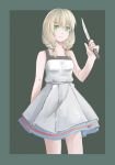  1girl aqua_background blonde_hair border braid dress eyebrows_visible_through_hair featherwings24 green_eyes head_tilt holding holding_knife knife looking_at_viewer low_twintails majo_no_ie outside_border parted_lips short_twintails simple_background sleeveless sleeveless_dress solo twin_braids twintails viola_(majo_no_ie) white_dress 
