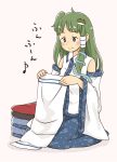  1girl bare_shoulders beige_background blush blush_stickers chii-kun_(seedyoulater) collar collared_shirt detached_sleeves folding_clothes frog frog_hair_ornament full_body green_eyes green_hair hair_ornament highres kochiya_sanae long_hair long_sleeves looking_down musical_note nose_blush quaver seiza shadow shirt simple_background sitting skirt smile snake snake_hair_ornament solo tareme touhou translation_request wide_sleeves 