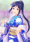  1girl bag blue_hair blush flower hair_flower hair_ornament iincho_(airi8751) japanese_clothes kimono long_hair looking_at_viewer love_live! love_live!_sunshine!! matsuura_kanan open_mouth ponytail shawl smile solo 