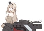  1girl blonde_hair blue_eyes braid crown dress french_braid gun hairband highres kantai_collection long_hair looking_back machinery mikoto_(oi_plus) mini_crown off-shoulder_dress off_shoulder open_mouth warspite_(kantai_collection) weapon white_dress 