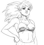  1girl bra breasts commentary drawfag hand_on_hip highres leona_heidern monochrome muscle navel ponytail sketch the_king_of_fighters underwear 