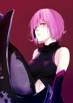  1girl bare_shoulders elbow_gloves fate/grand_order fate_(series) gloves hair_over_one_eye highres navel_cutout npt_(calpis) pink_hair red_eyes shield shielder_(fate/grand_order) solo 