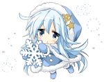  1girl blue_boots blue_dress blue_eyes boots cape chestnut_mouth chibi coat dress hammer_and_sickle hibiki_(kantai_collection) hizuki_yayoi hood kantai_collection long_hair mittens silver_hair snowflakes solo verniy_(kantai_collection) winter_clothes 
