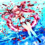  1girl artist_request bikini black_ribbon collarbone fang fingernails hair_ornament hair_ribbon krul_tepes long_hair looking_at_viewer navel open_mouth owari_no_seraph partially_submerged petals pink_hair pointy_ears red_bikini red_eyes ribbon solo swimsuit 