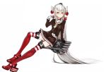  1girl amatsukaze_(kantai_collection) breasts dress emokakimasu garter_straps gloves high_heels highres kantai_collection long_hair looking_at_viewer red_legwear sailor_dress silver_hair simple_background sitting solo thigh-highs very_long_hair white_background white_gloves yellow_eyes 