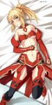  2016 blonde_hair blush boots breasts cleavage dakimakura detached_sleeves fate/grand_order fate_(series) glaring groin hand_on_own_stomach hirame_sa lying navel on_back saber_of_red small_breasts thigh-highs thighs 