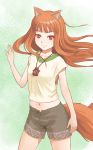  animal_ears blush brown_hair cropped_jacket holo jacket long_hair red_eyes shorts smile spice_and_wolf tail wolf_ears 