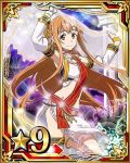  1girl anklet armpits arms_up asuna_(sao) breasts brown_eyes brown_hair card_(medium) cleavage crop_top detached_sleeves jewelry long_hair looking_at_viewer medium_breasts number one_leg_raised see-through skirt smile solo star sword_art_online thigh_strap white_skirt 